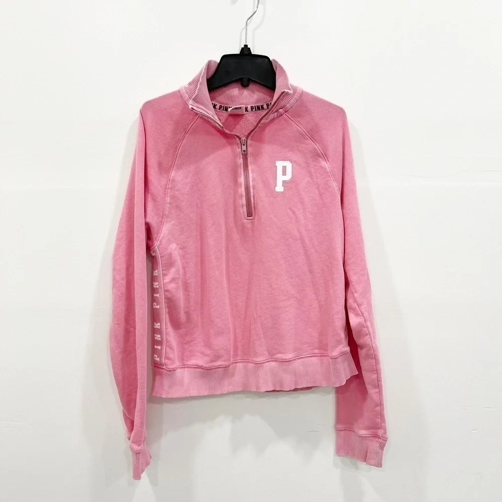 Pink VS Half-Zip Sweatshirt Long Sleeve Spell Out